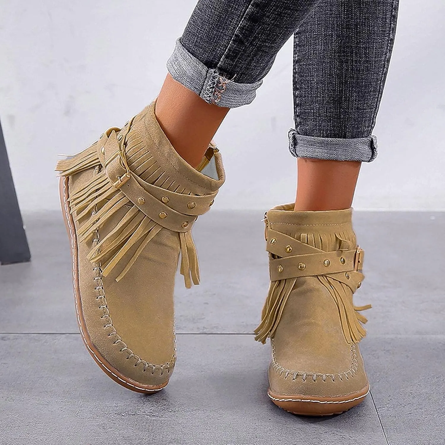 Cathalem Womens Ankle Boots, 2024 Fringe Faux Suede Boots Retro Round Toe Fringe Buckle Strap Ankle Boot Rome Flat Shoes