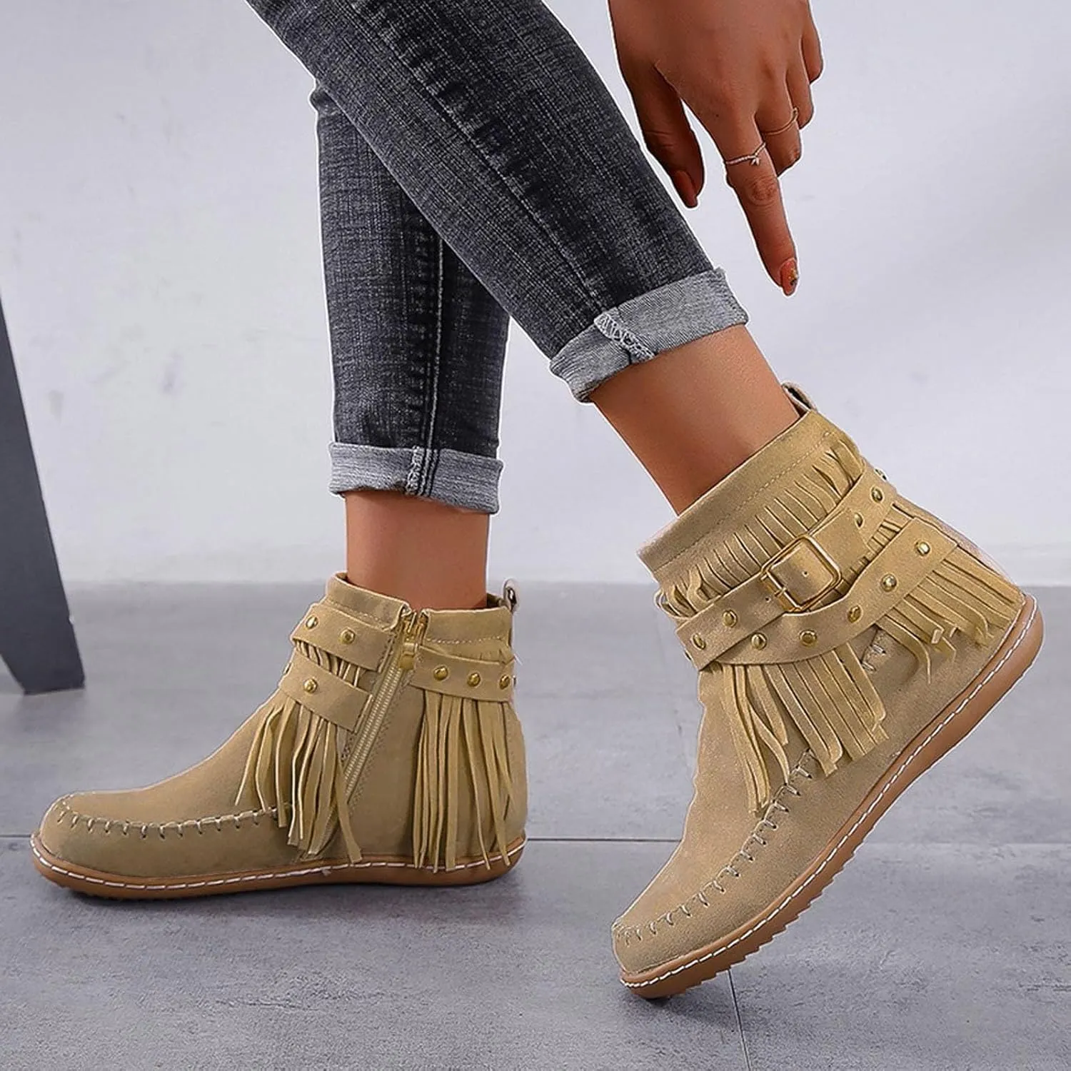 Cathalem Womens Ankle Boots, 2024 Fringe Faux Suede Boots Retro Round Toe Fringe Buckle Strap Ankle Boot Rome Flat Shoes