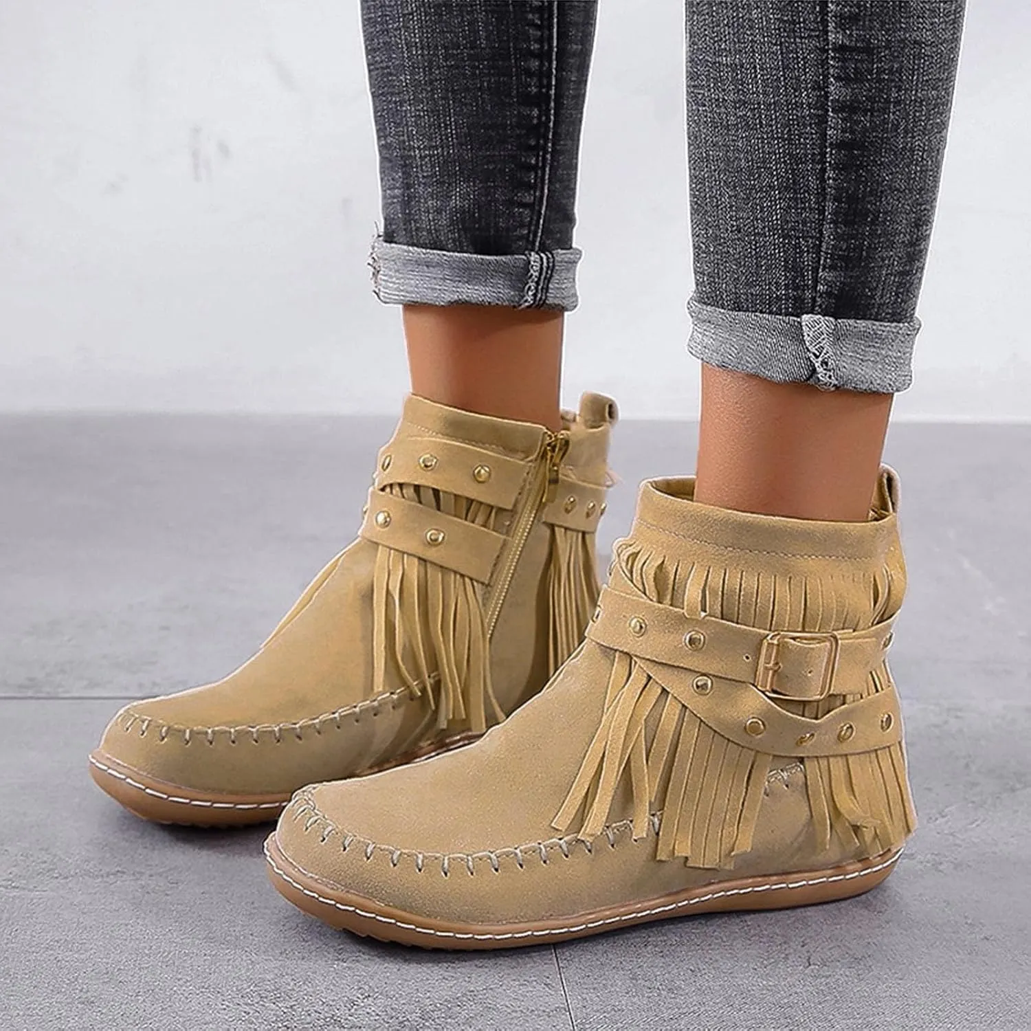 Cathalem Womens Ankle Boots, 2024 Fringe Faux Suede Boots Retro Round Toe Fringe Buckle Strap Ankle Boot Rome Flat Shoes
