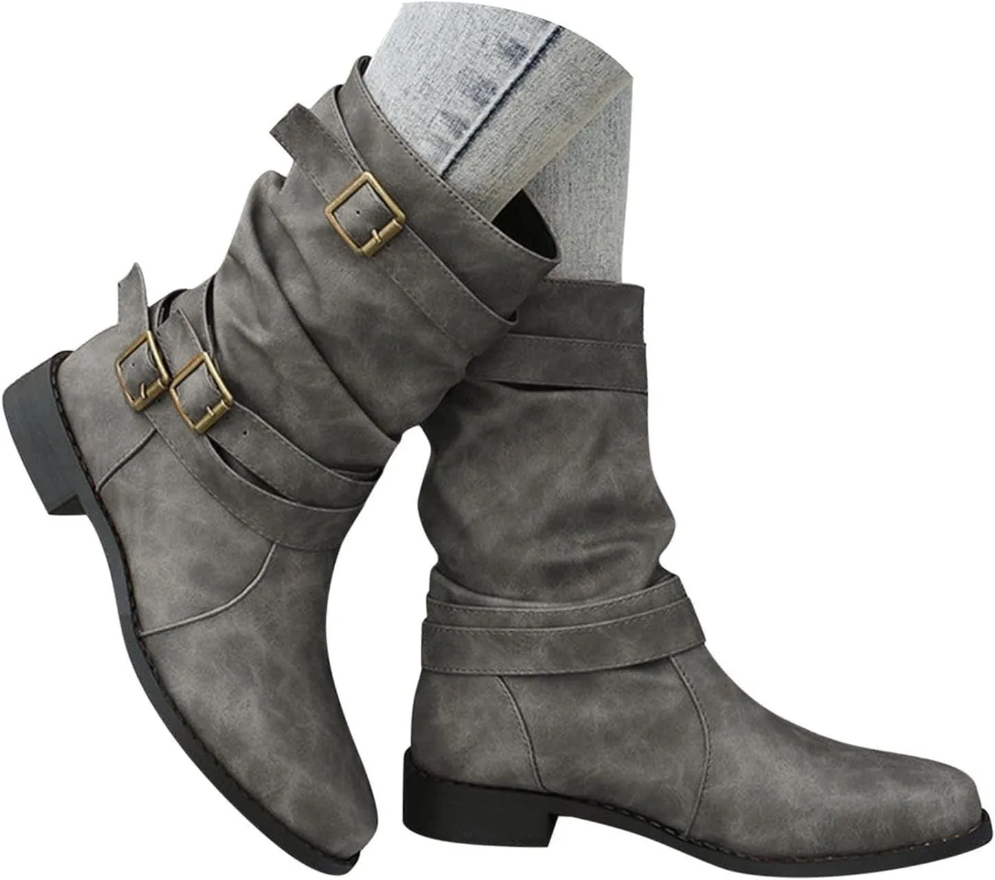 Cathalem Women's Mid Calf Boot Round Toe Low Heel Comfort Bootie with Side Zipper Buckle Strap Motorcycle Riding Boots