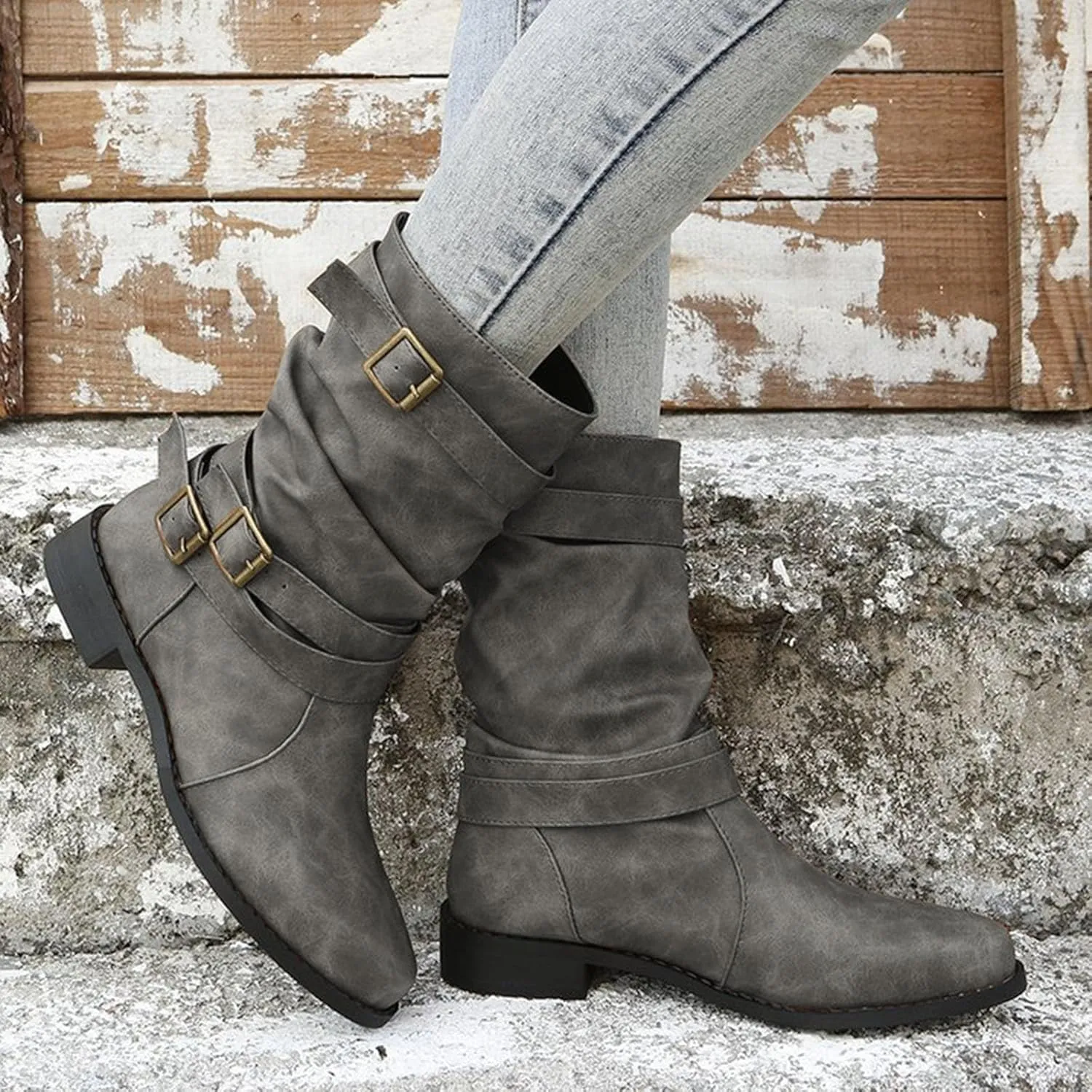 Cathalem Women's Mid Calf Boot Round Toe Low Heel Comfort Bootie with Side Zipper Buckle Strap Motorcycle Riding Boots