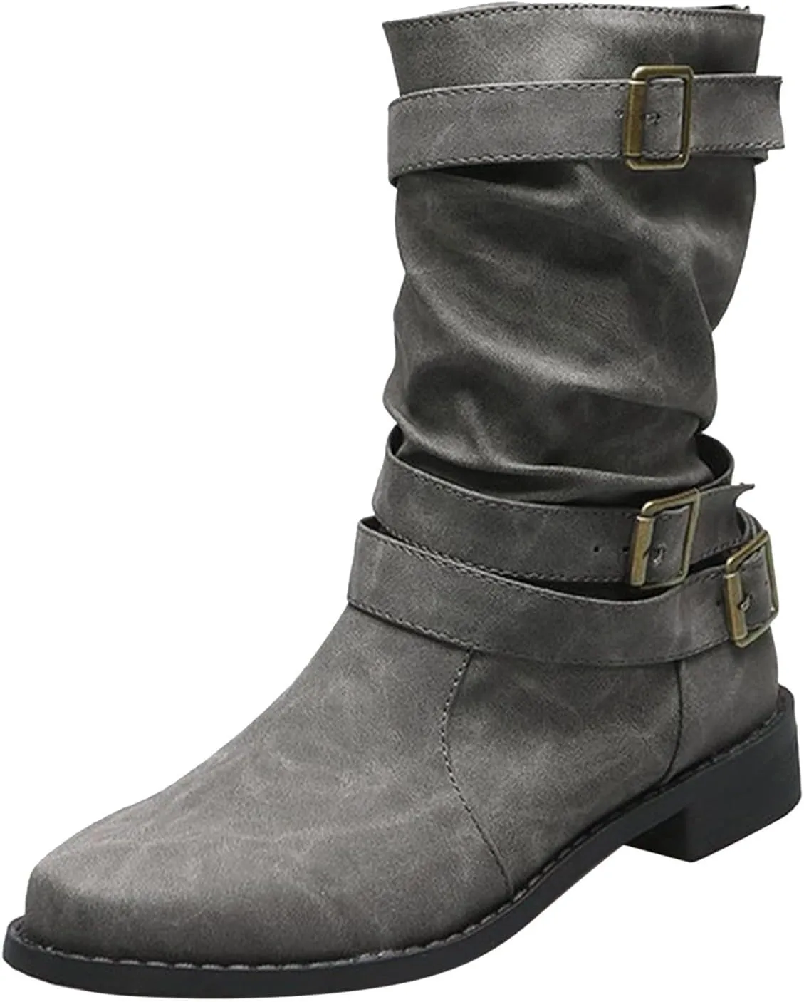 Cathalem Women's Mid Calf Boot Round Toe Low Heel Comfort Bootie with Side Zipper Buckle Strap Motorcycle Riding Boots