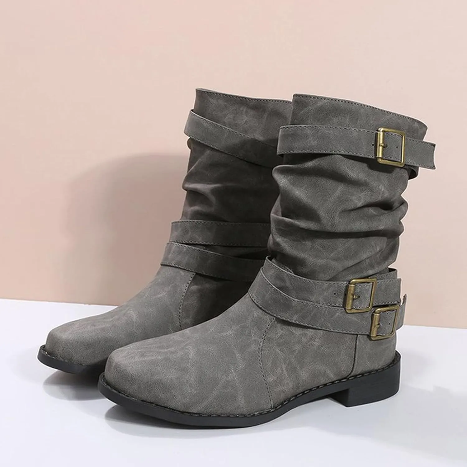 Cathalem Women's Mid Calf Boot Round Toe Low Heel Comfort Bootie with Side Zipper Buckle Strap Motorcycle Riding Boots