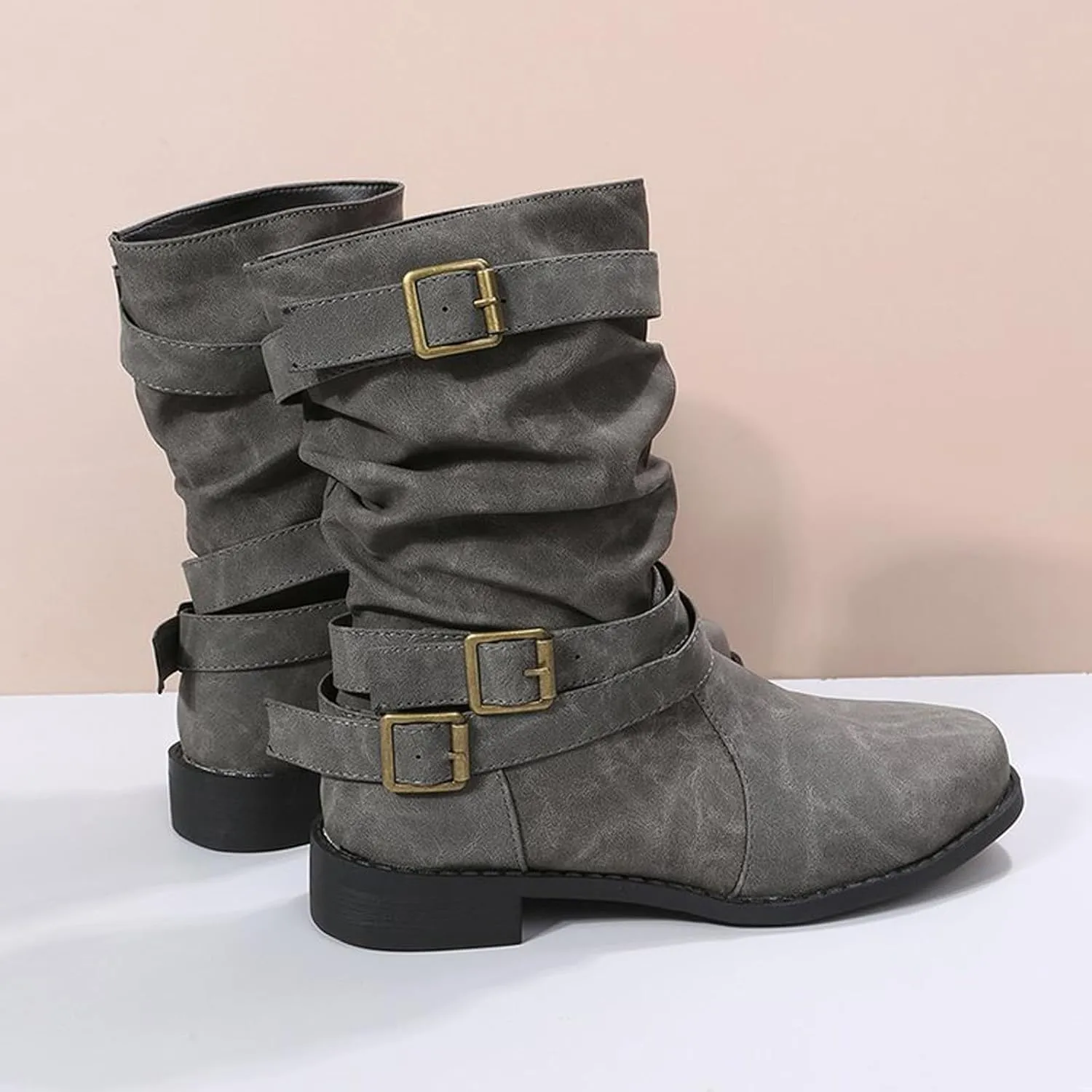 Cathalem Women's Mid Calf Boot Round Toe Low Heel Comfort Bootie with Side Zipper Buckle Strap Motorcycle Riding Boots