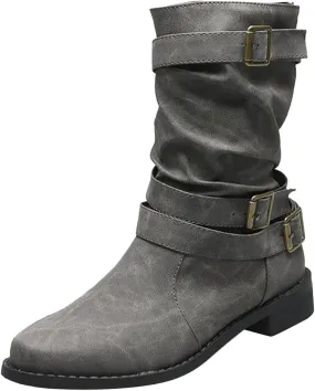 Cathalem Women's Mid Calf Boot Round Toe Low Heel Comfort Bootie with Side Zipper Buckle Strap Motorcycle Riding Boots