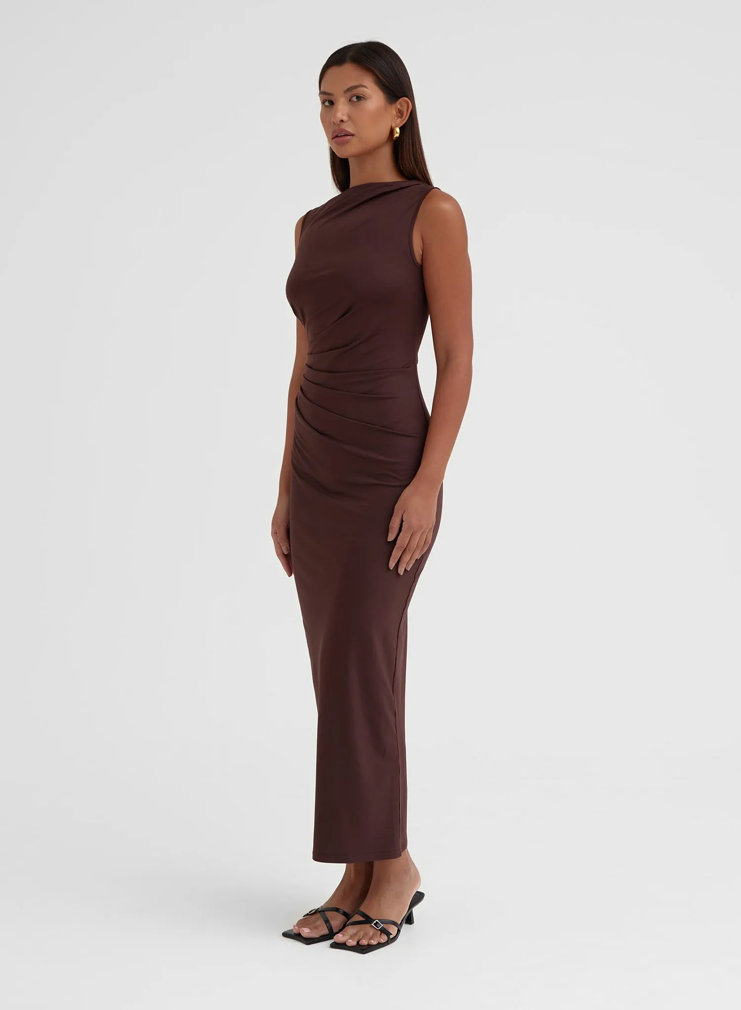 Chocolate Ruched Jersey Midaxi Dress - Tamilda