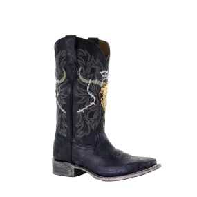 Corral Men's Black Skull & Barbed Wire Embroidered Leather Boots A3768