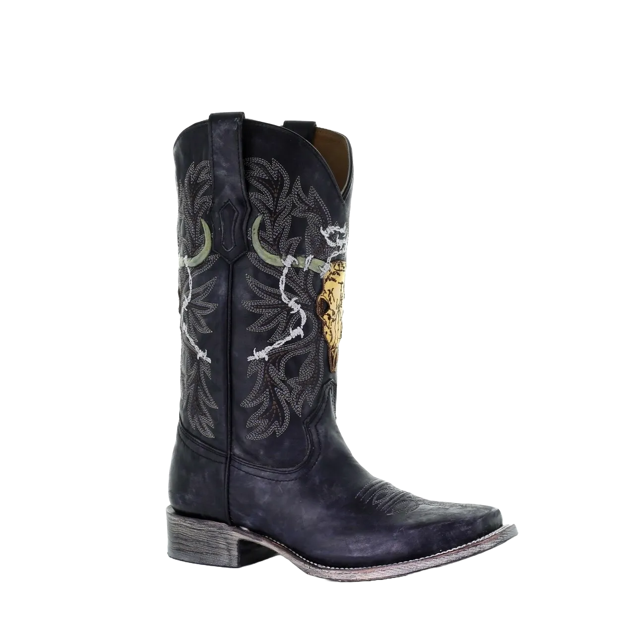 Corral Men's Black Skull & Barbed Wire Embroidered Leather Boots A3768
