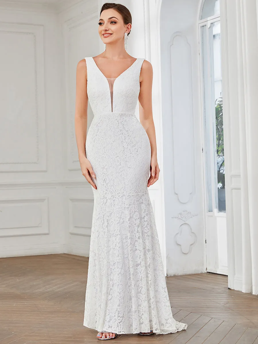 Dainty Deep V Neck Sleeveless Wholesale Lace Wedding Dress