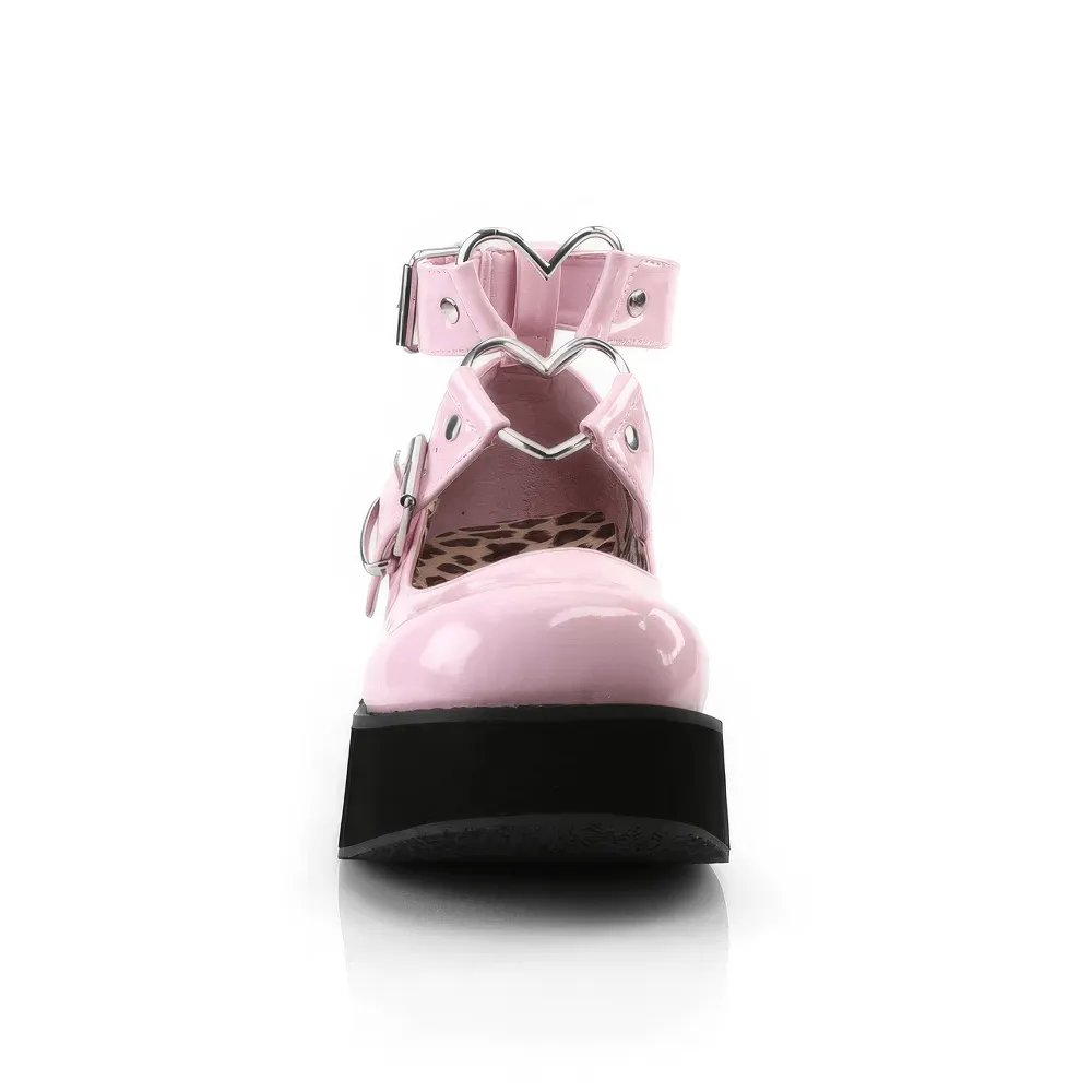 DEMONIA Pink Patent Mary Jane Shoes with Heart O-Rings
