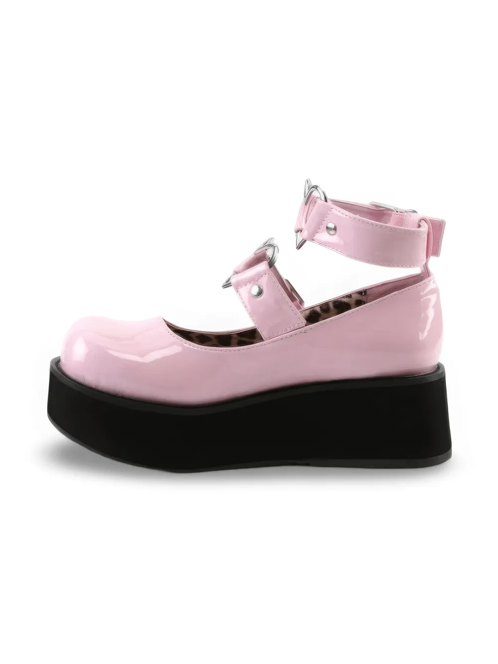 DEMONIA Pink Patent Mary Jane Shoes with Heart O-Rings
