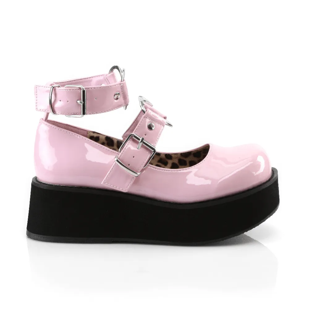 DEMONIA Pink Patent Mary Jane Shoes with Heart O-Rings