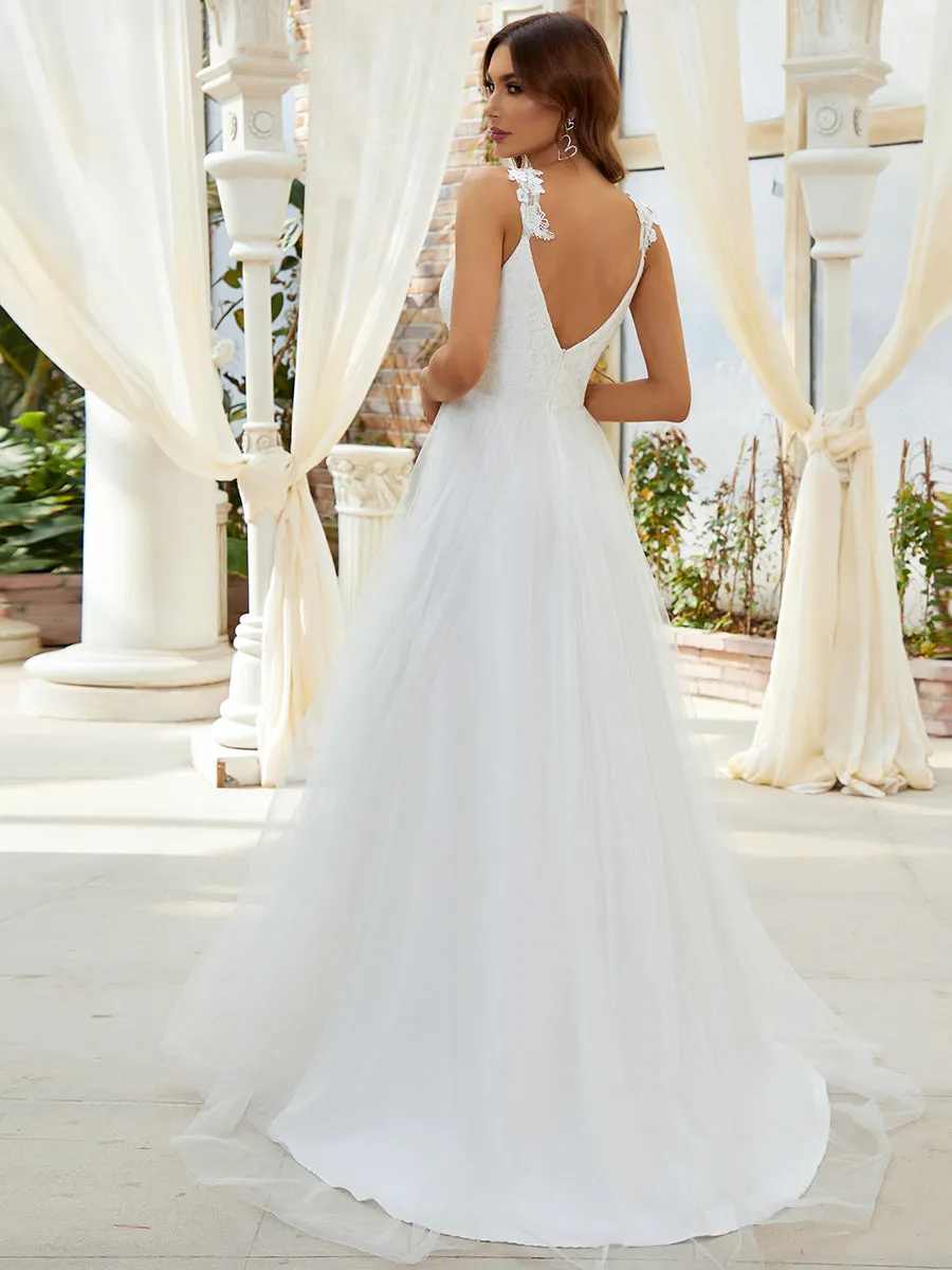 Double V Neck Wholesale Lace Tulle Wedding Dress