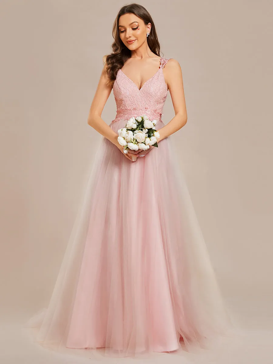 Double V Neck Wholesale Lace Tulle Wedding Dress