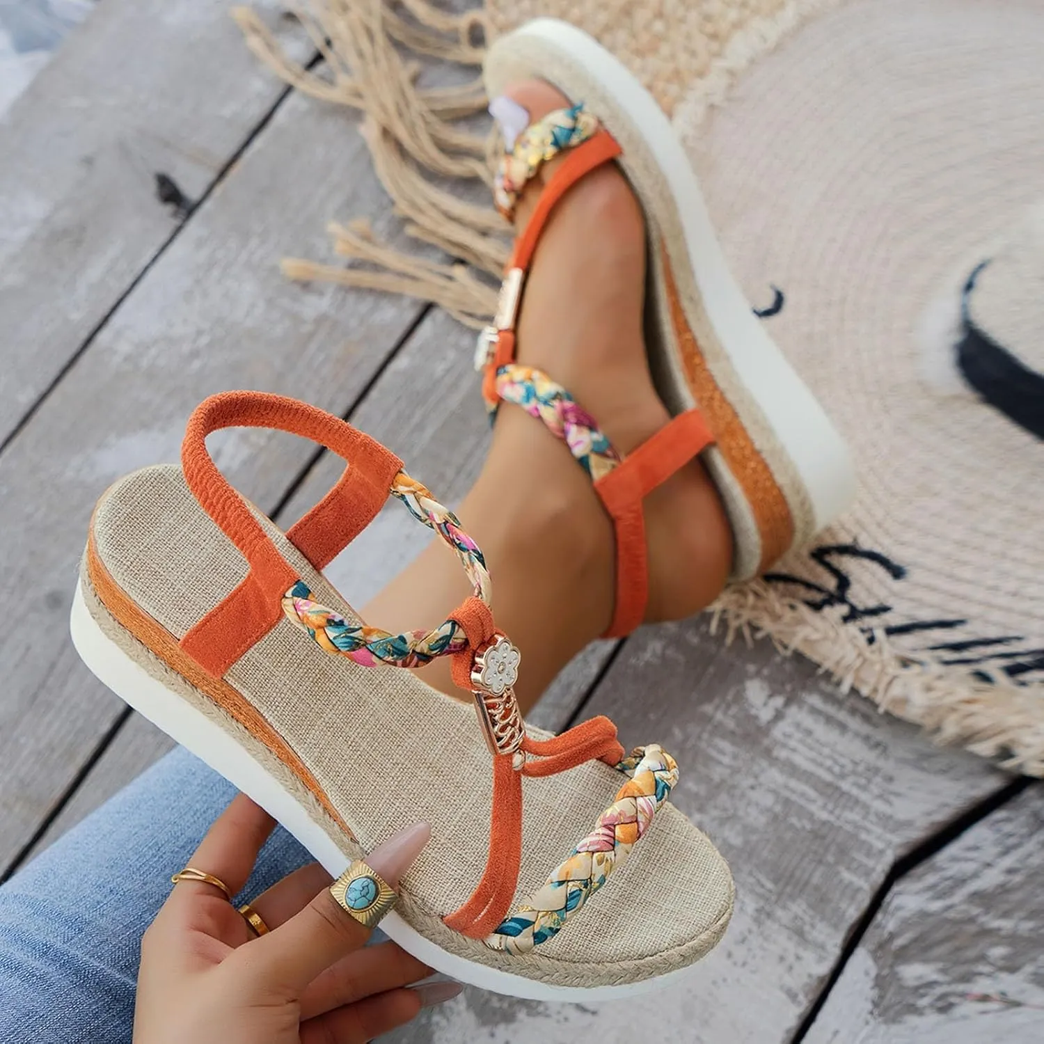 Eduavar Sandals Women Open Toe Buckle Ankle Strap Espadrilles Flatform Wedge Casual Sandal for Dressy Casual Summers Beach