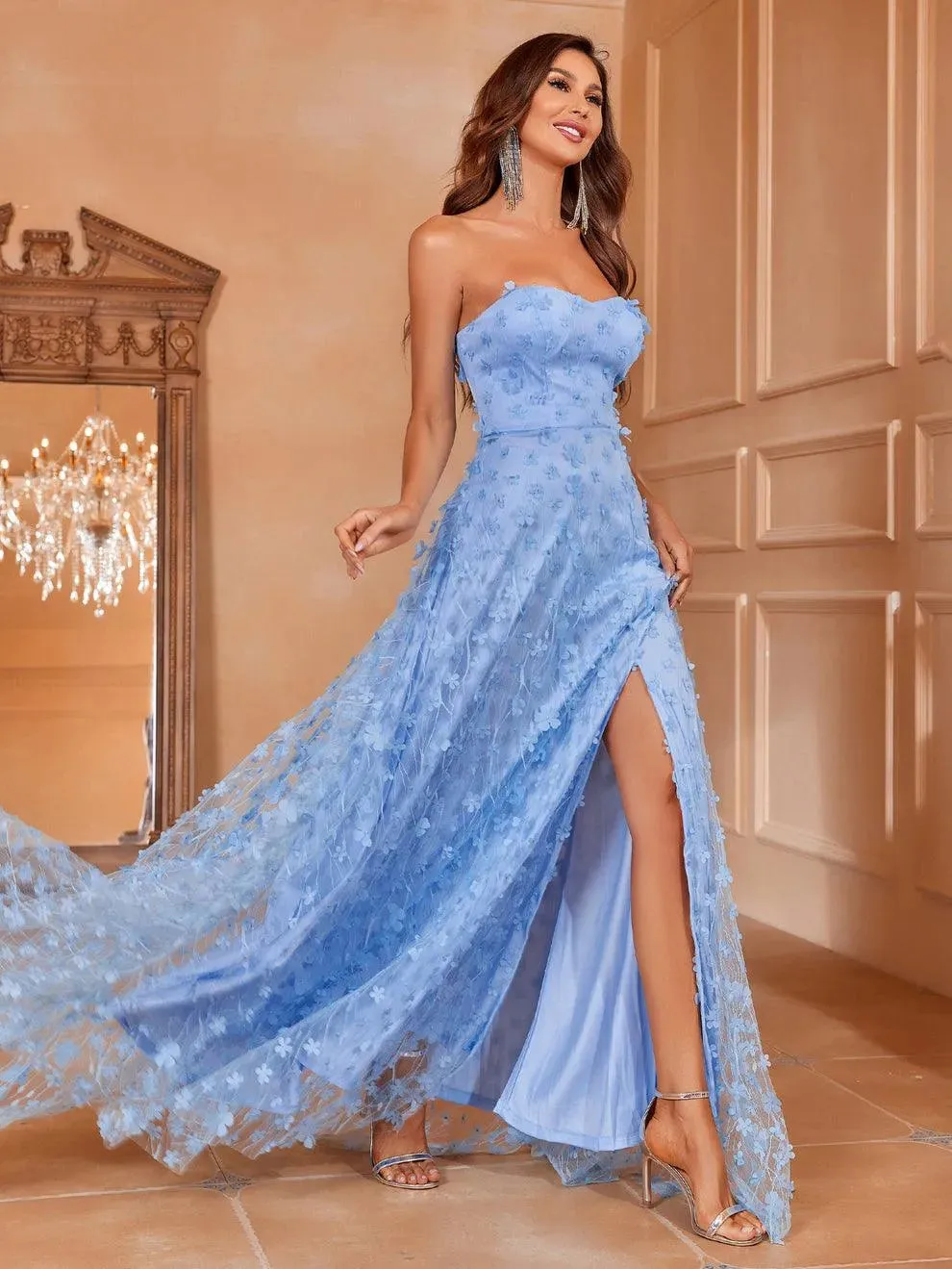 Elegant Floral Appliques Split Thigh Tube Dresses