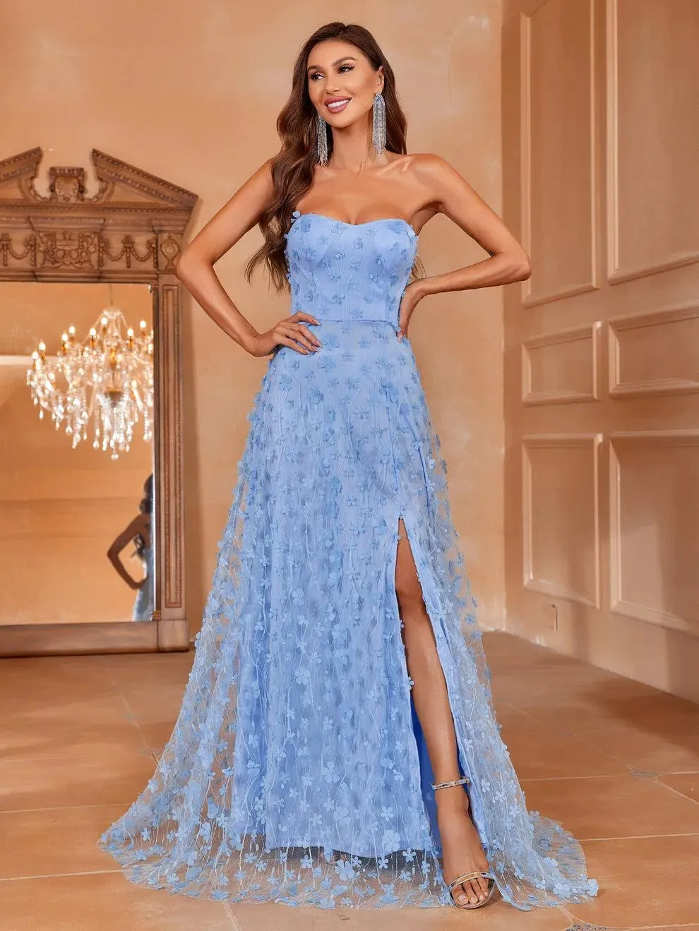 Elegant Floral Appliques Split Thigh Tube Dresses