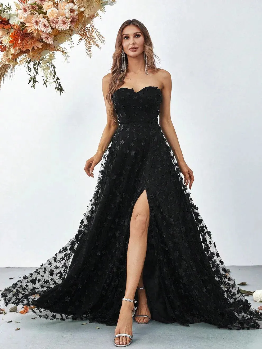 Elegant Floral Appliques Split Thigh Tube Dresses