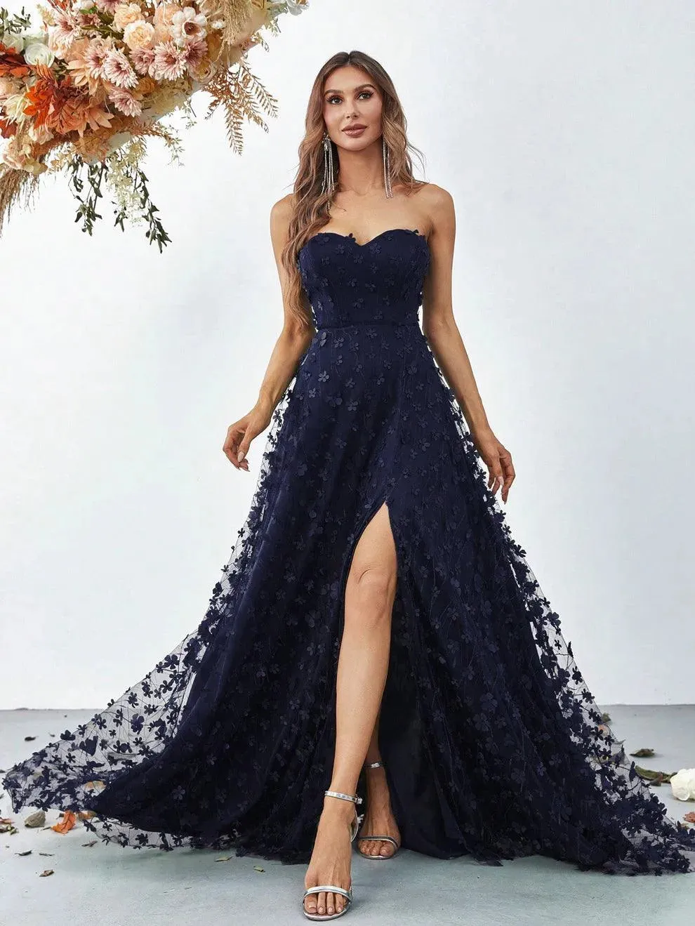 Elegant Floral Appliques Split Thigh Tube Dresses