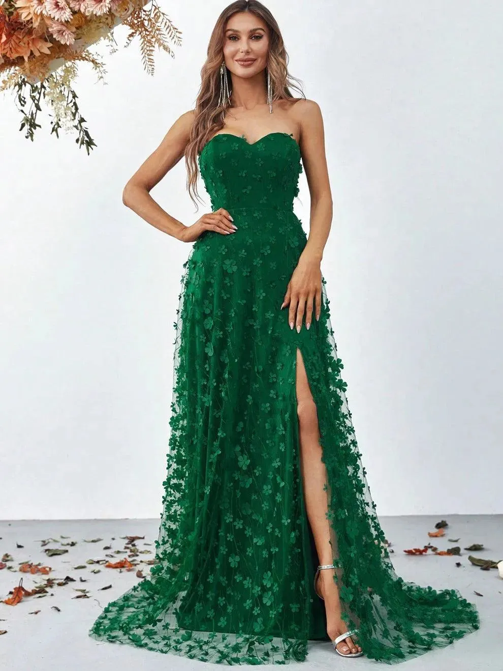 Elegant Floral Appliques Split Thigh Tube Dresses
