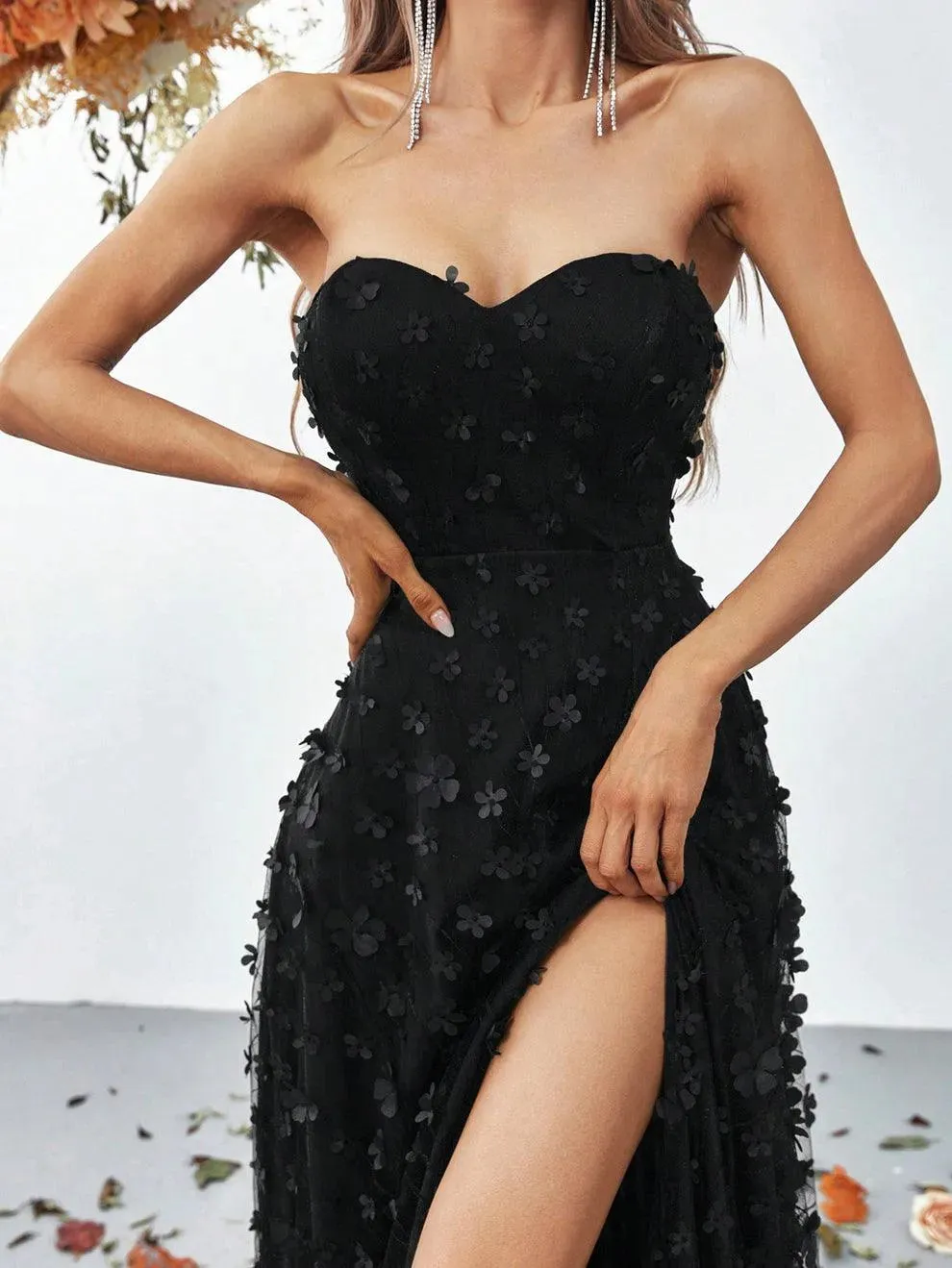 Elegant Floral Appliques Split Thigh Tube Dresses