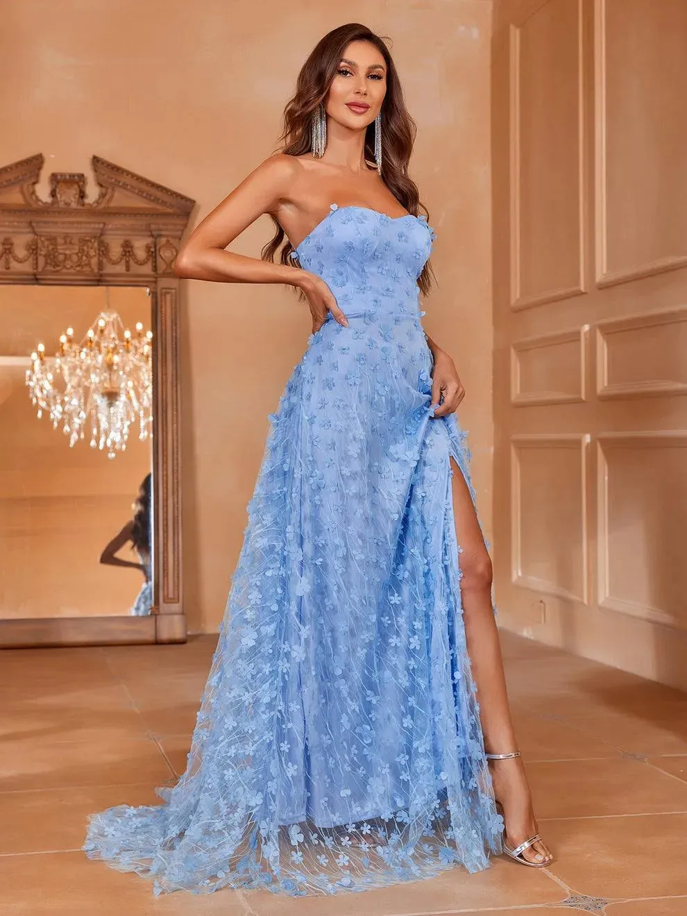 Elegant Floral Appliques Split Thigh Tube Dresses