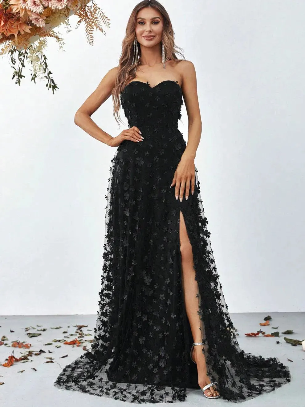 Elegant Floral Appliques Split Thigh Tube Dresses