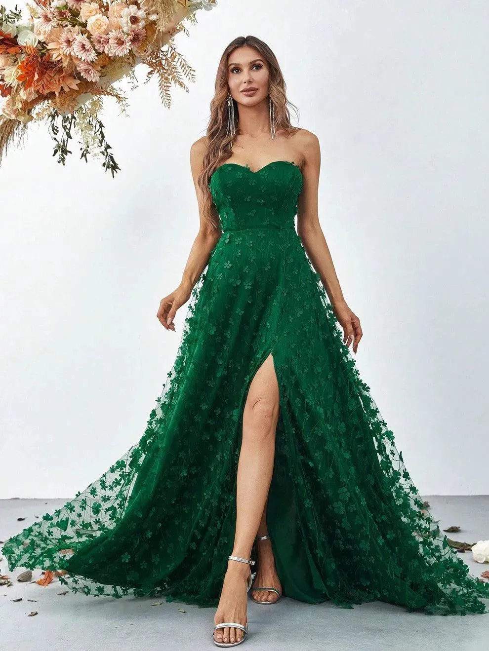 Elegant Floral Appliques Split Thigh Tube Dresses