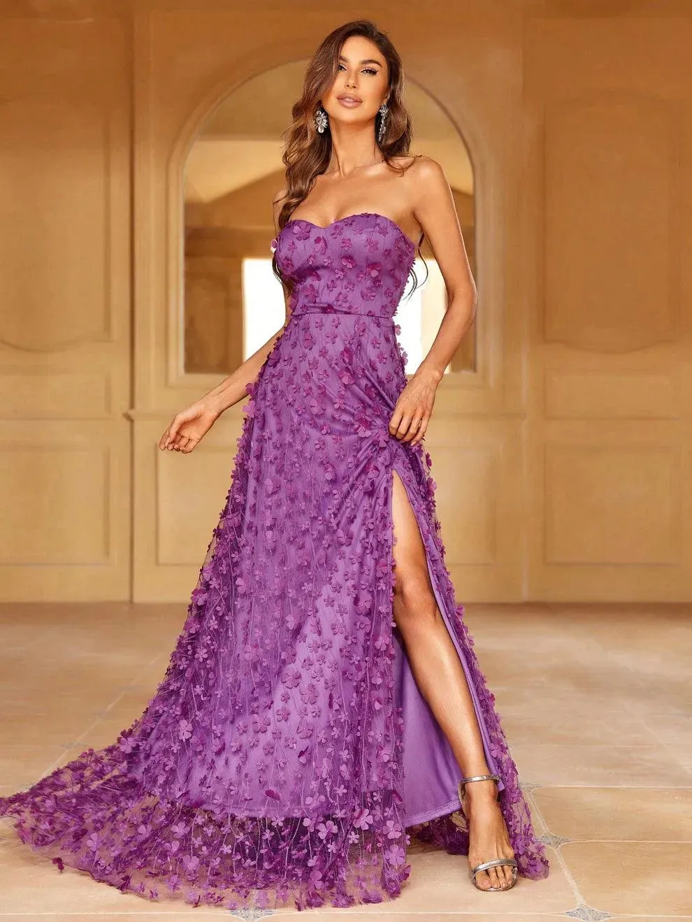 Elegant Floral Appliques Split Thigh Tube Dresses