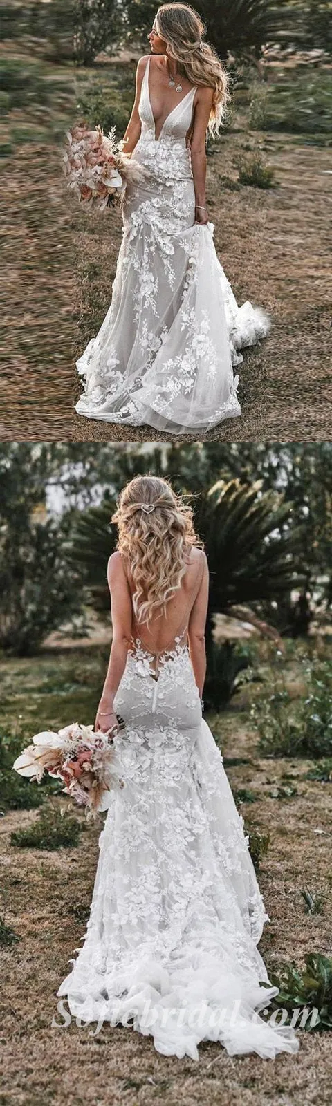 Elegant Spaghetti Straps Deep V-Neck Sleeveless Backless Mermaid Long Wedding Dresses,SFWD0073