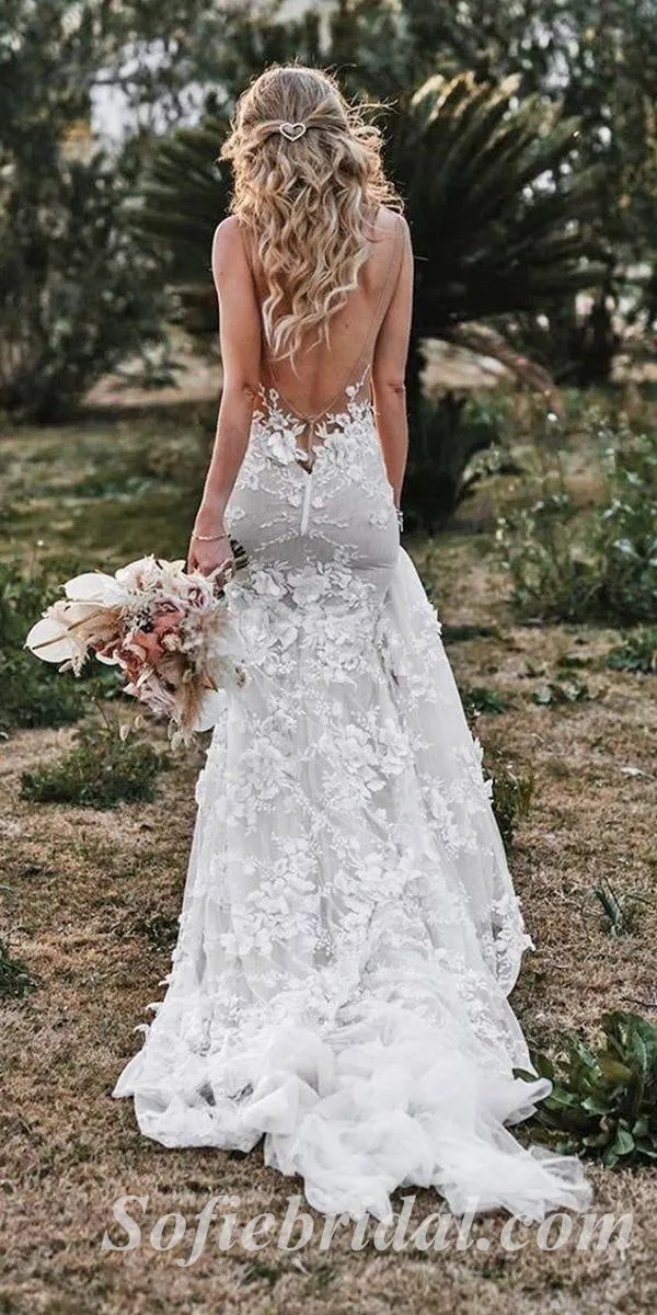 Elegant Spaghetti Straps Deep V-Neck Sleeveless Backless Mermaid Long Wedding Dresses,SFWD0073