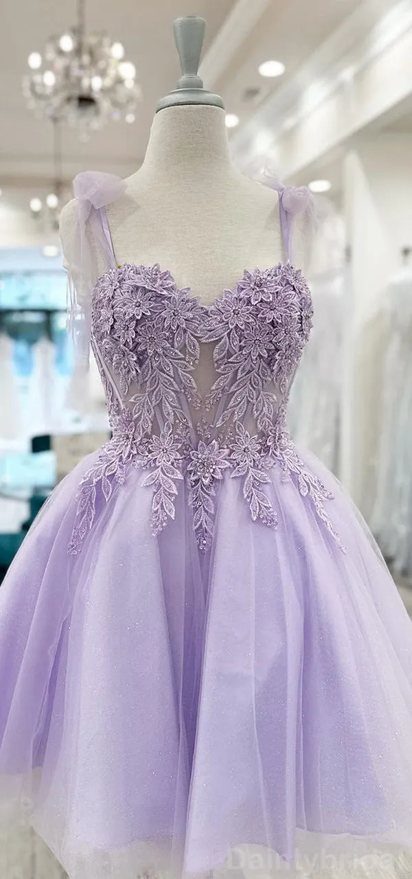 Elegant Sweetheart A-line Spaghetti Straps Lilac Tulle Short Homecoming Dresses Online, HD0716