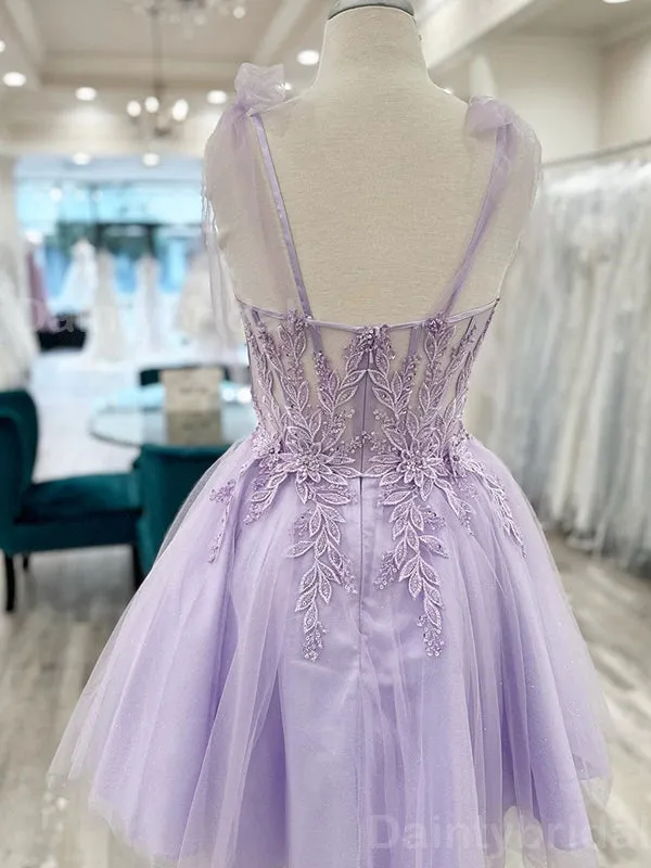 Elegant Sweetheart A-line Spaghetti Straps Lilac Tulle Short Homecoming Dresses Online, HD0716