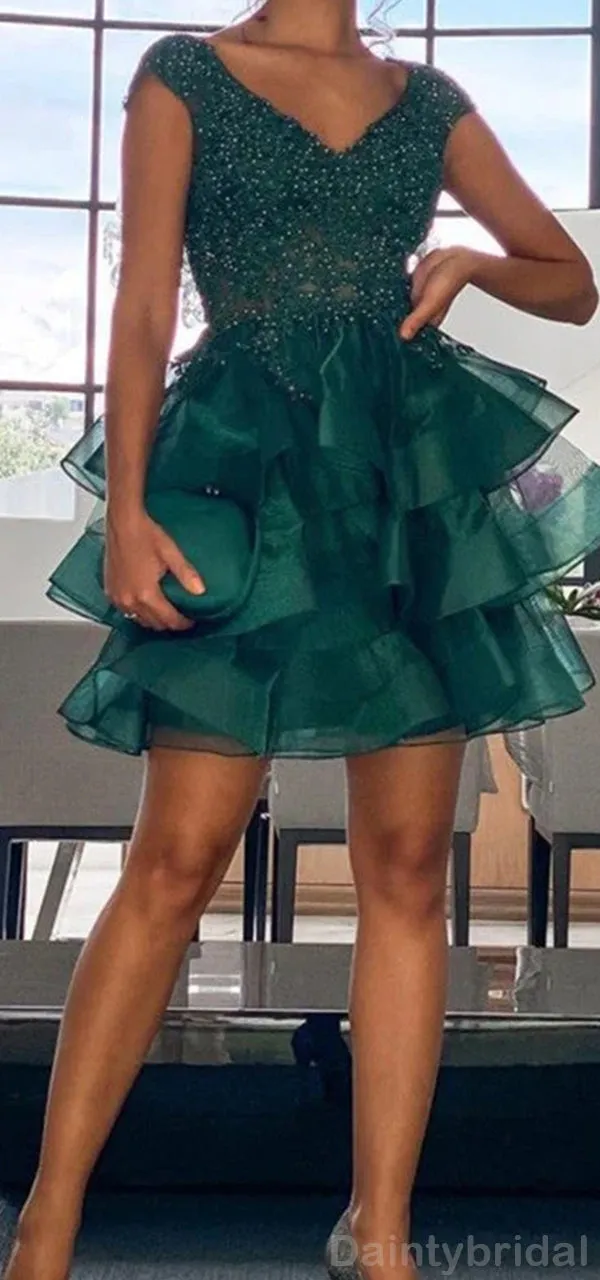 Elegant V-neck A-line Tulle Short Dark Green Homecoming Dresses Online, HD0667