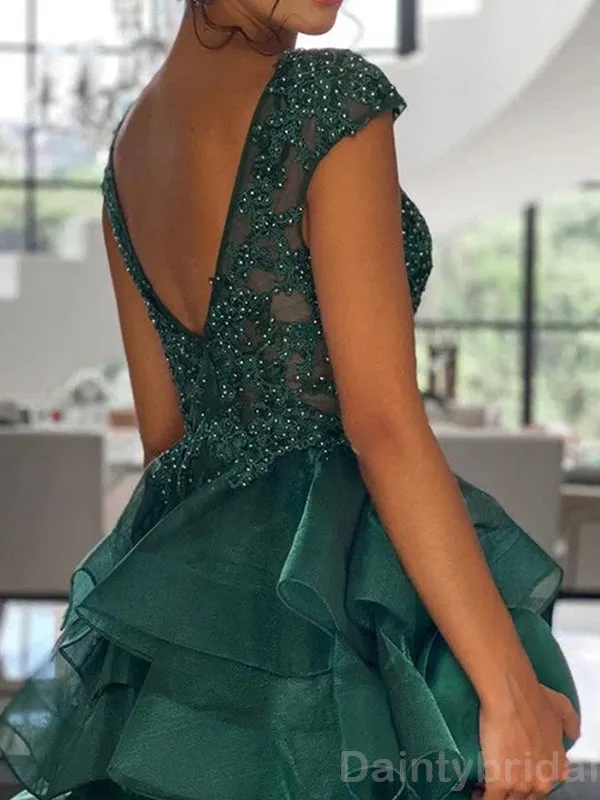 Elegant V-neck A-line Tulle Short Dark Green Homecoming Dresses Online, HD0667