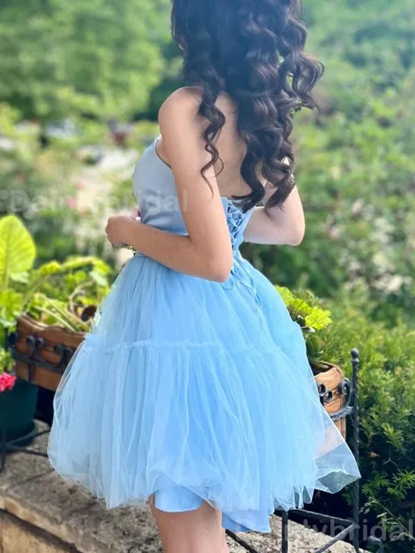 Elegant V-neck Sleeveless Blue A-line Tulle Short Homecoming Dresses Online, HD0714