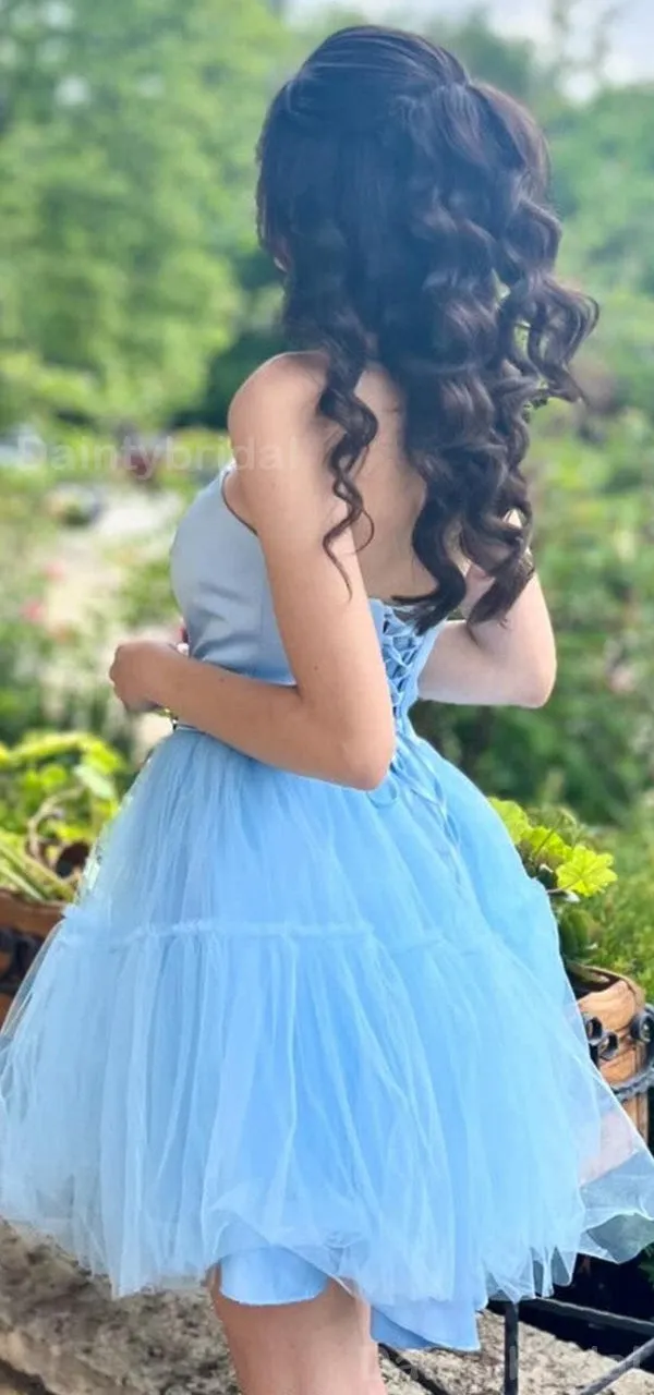 Elegant V-neck Sleeveless Blue A-line Tulle Short Homecoming Dresses Online, HD0714