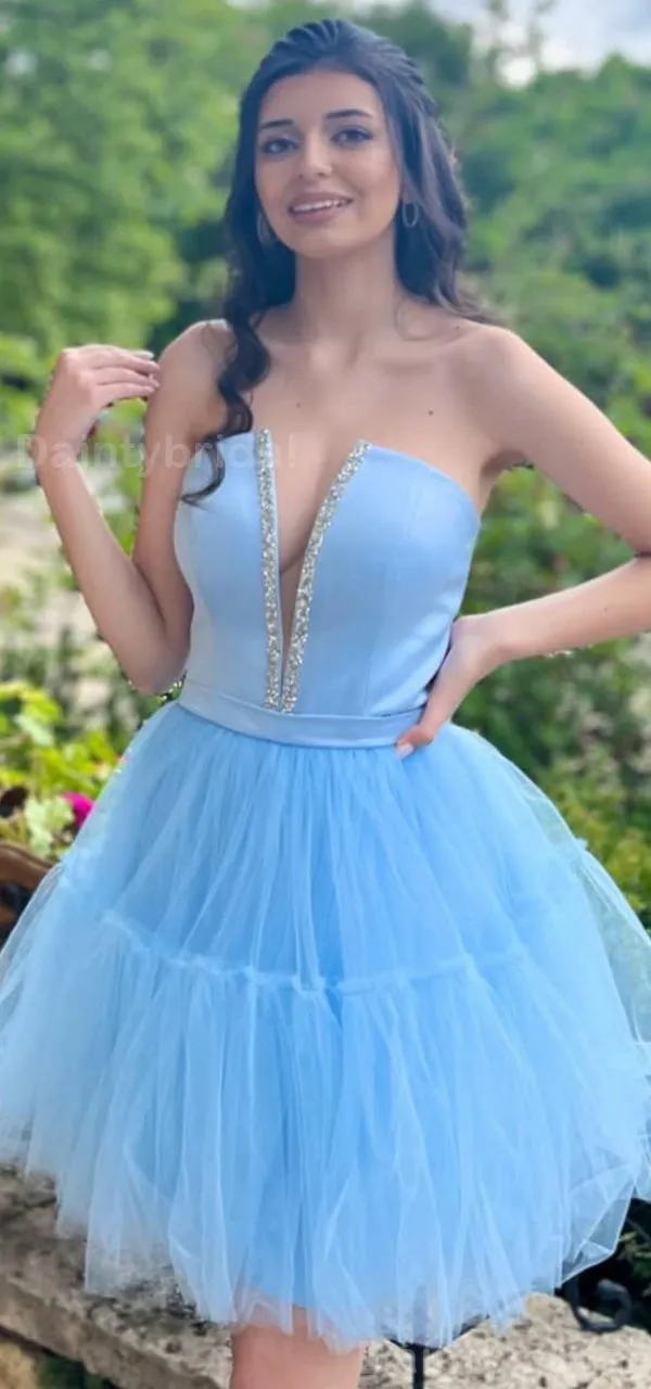 Elegant V-neck Sleeveless Blue A-line Tulle Short Homecoming Dresses Online, HD0714