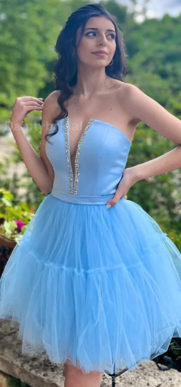 Elegant V-neck Sleeveless Blue A-line Tulle Short Homecoming Dresses Online, HD0714