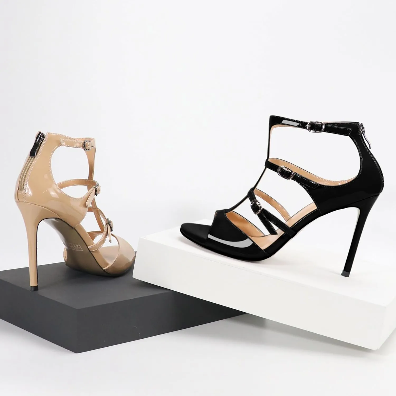 Esvowido Women's High Heel Sandals Open Toe T Strap Heels Stilettos Ankle Strap Pump Shoes Buckle Strappy Heeled with Zipper