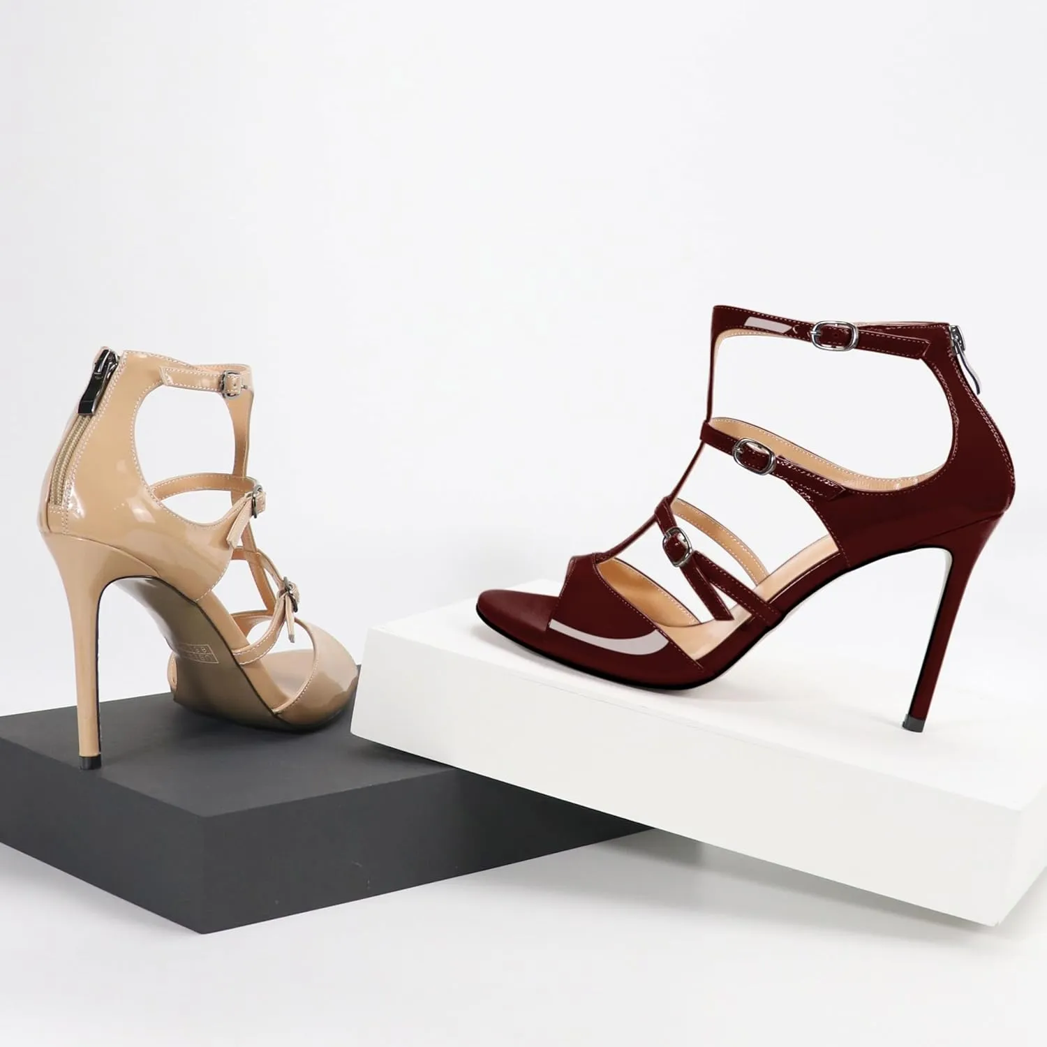 Esvowido Women's High Heel Sandals Open Toe T Strap Heels Stilettos Ankle Strap Pump Shoes Buckle Strappy Heeled with Zipper