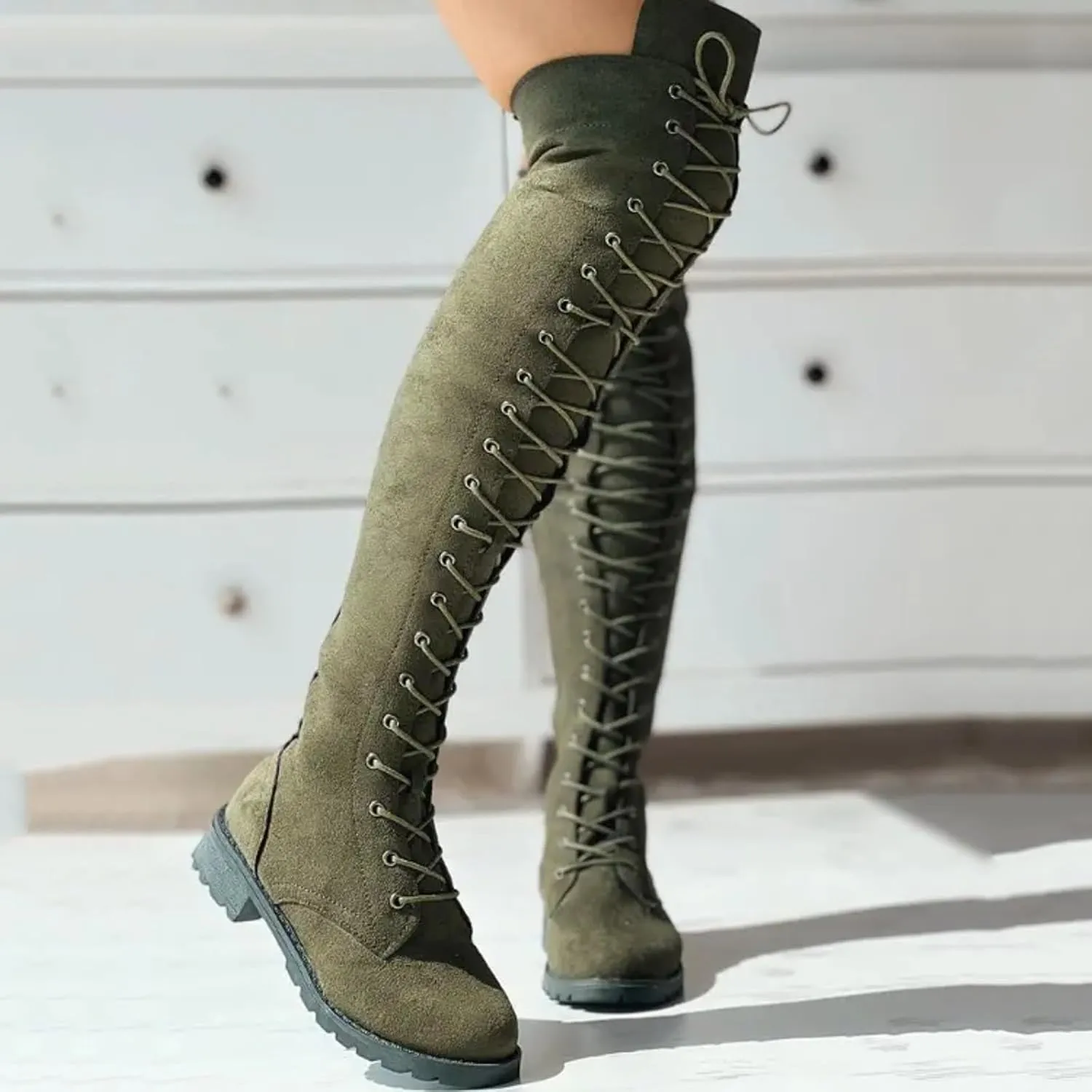 Fall Boots Womens Over The Knee Boots Fashion Low Heel Lace Up Tall Winter Boots Faux Suede Thigh High Riding Boots