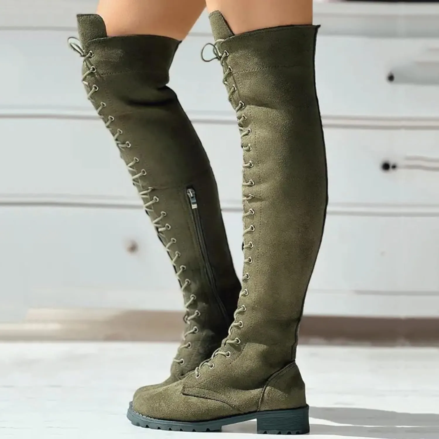 Fall Boots Womens Over The Knee Boots Fashion Low Heel Lace Up Tall Winter Boots Faux Suede Thigh High Riding Boots