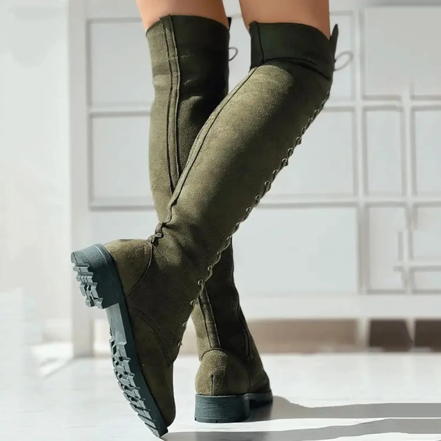 Fall Boots Womens Over The Knee Boots Fashion Low Heel Lace Up Tall Winter Boots Faux Suede Thigh High Riding Boots