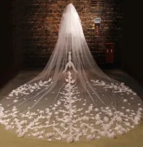 Floral Bridal Veil, Cathedral Wedding Veil, Long Veil, Wedding Veil, White Veil, Floor Length Veil, Fancy Veil, Bridal Veil With Flowers
