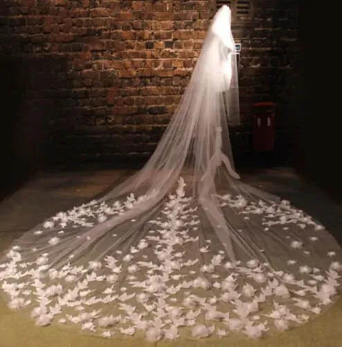 Floral Bridal Veil, Cathedral Wedding Veil, Long Veil, Wedding Veil, White Veil, Floor Length Veil, Fancy Veil, Bridal Veil With Flowers