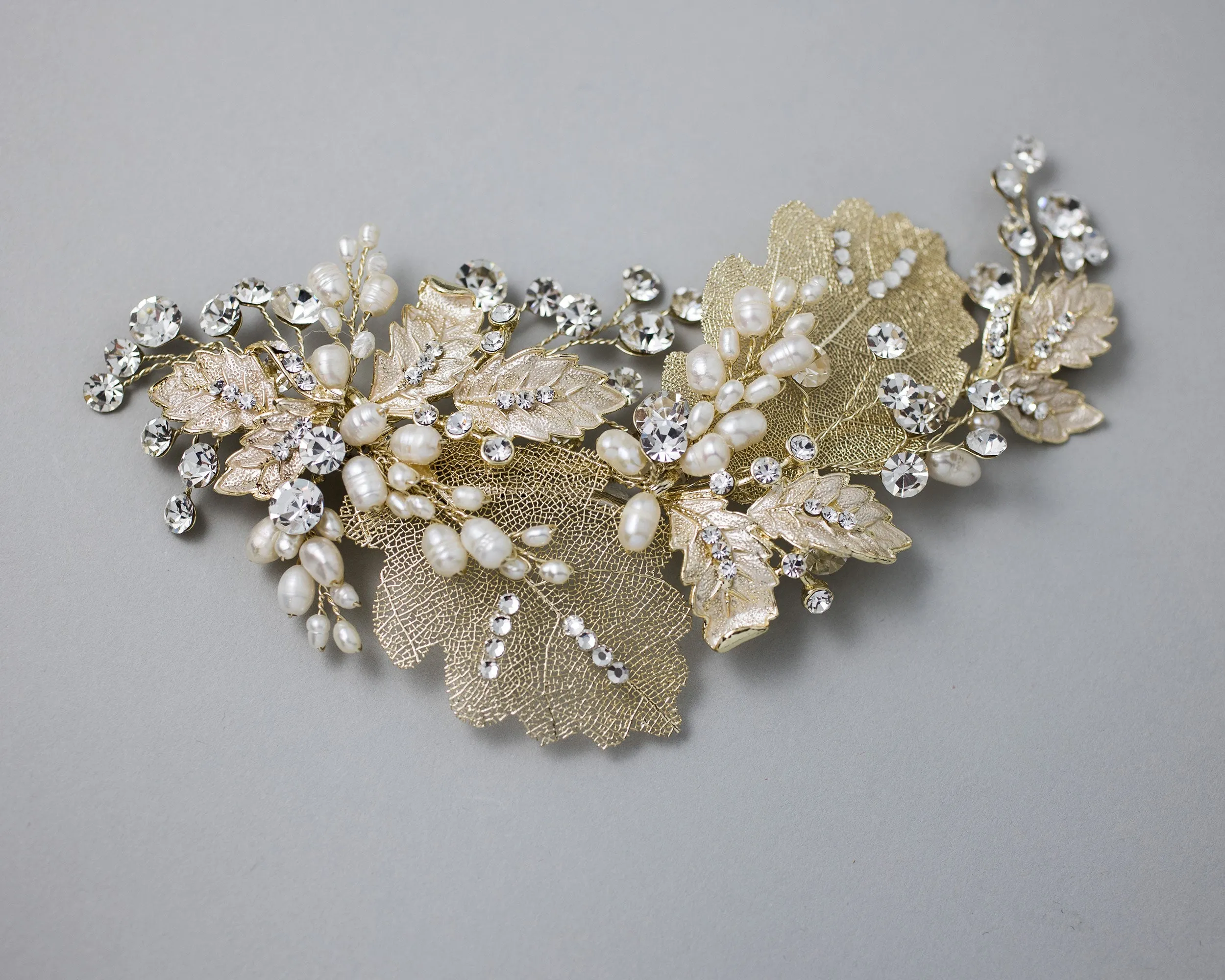 Gold Lace Leaf Wedding Clip with Cultured Pearls