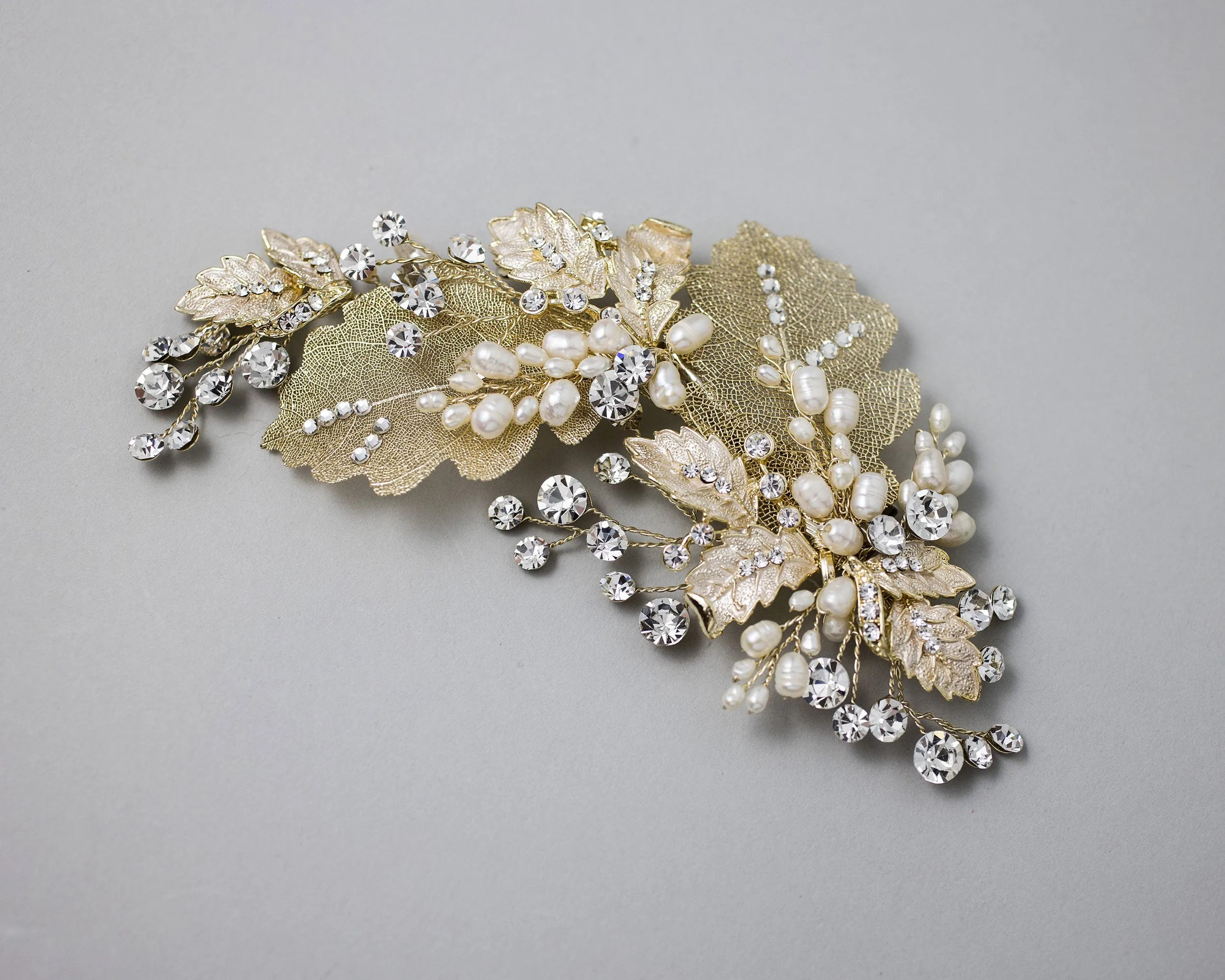 Gold Lace Leaf Wedding Clip with Cultured Pearls