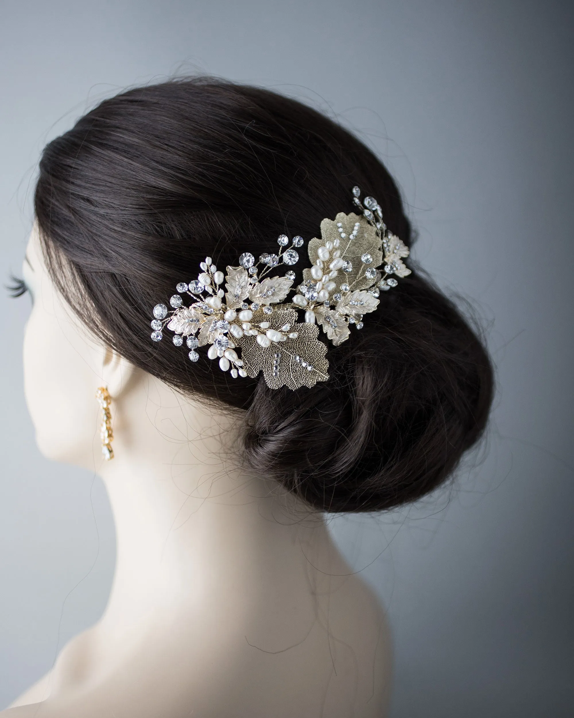 Gold Lace Leaf Wedding Clip with Cultured Pearls