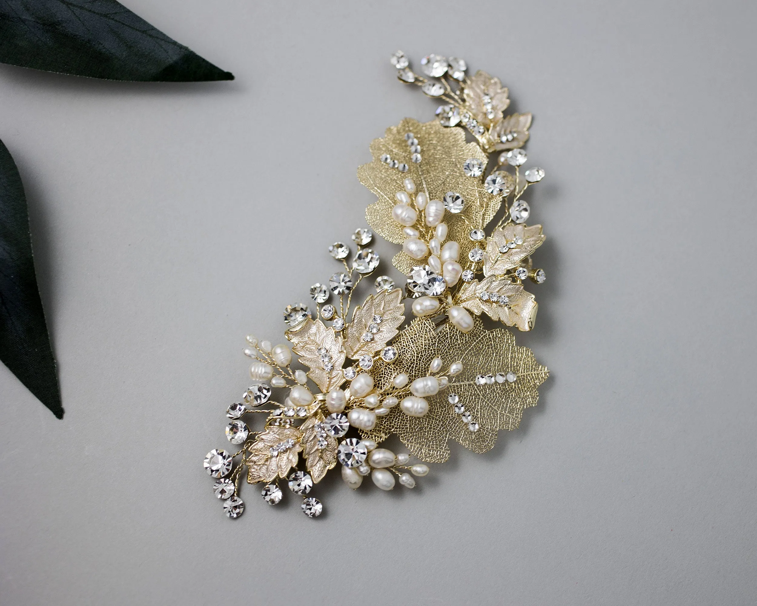 Gold Lace Leaf Wedding Clip with Cultured Pearls